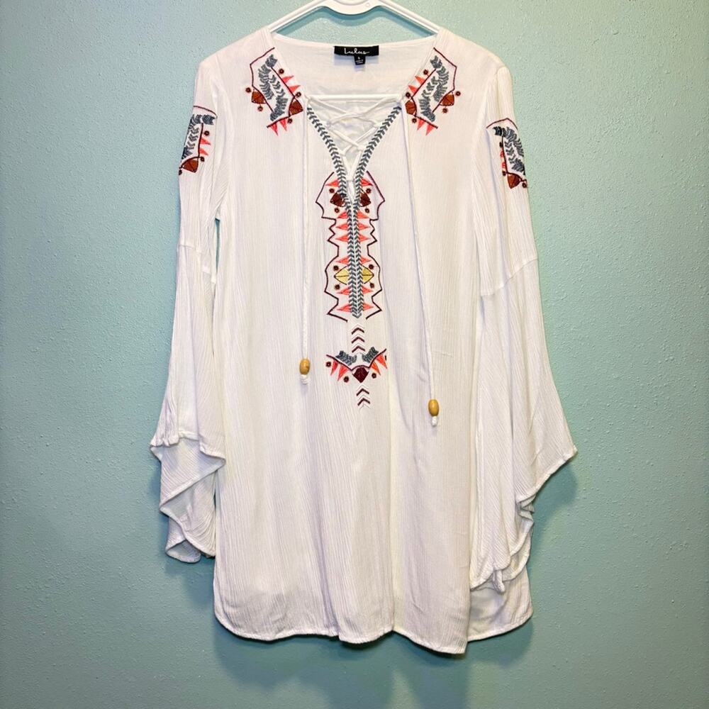 Women's Lulus White Boho Peasant Floral Embroidered Bell Sleeve Tunic Top S - Picture 1 of 7